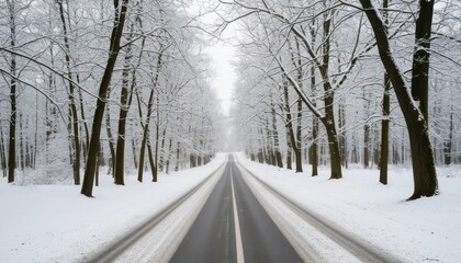Obraz premium Serene winter road lined with snow-covered trees creates a picturesque landscape and tranquil atmosphere in nature