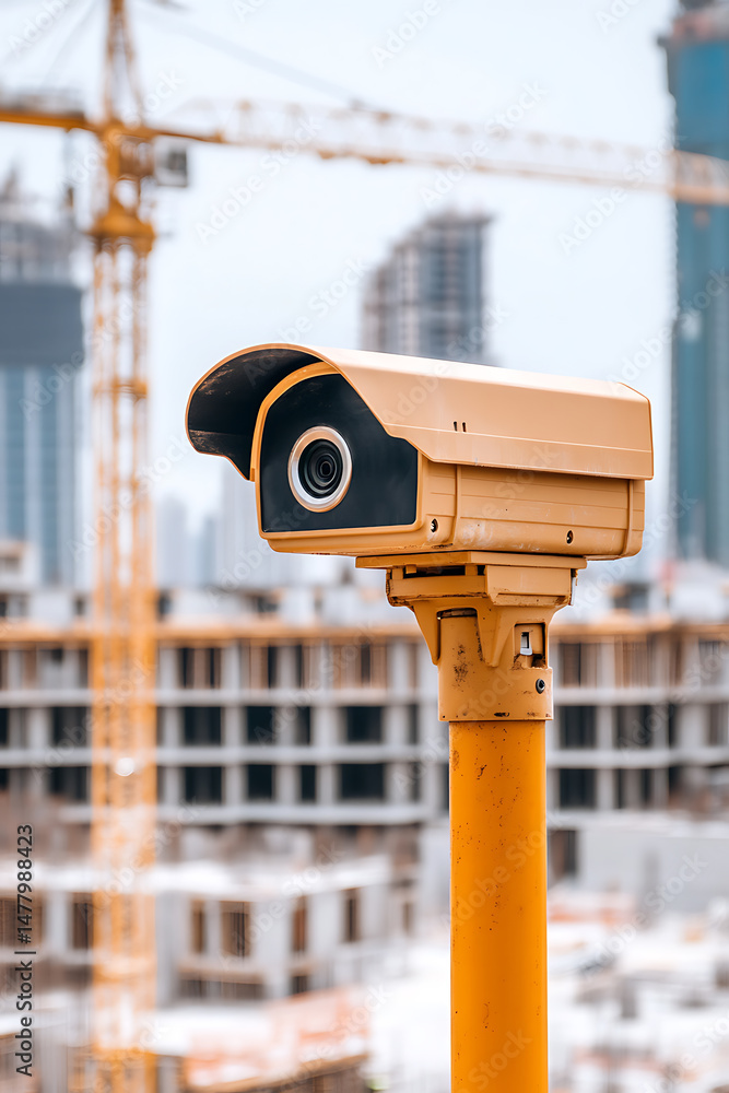 Poster security camera oversees a construction site. the camera is fixed to a pole. buildings and a crane a