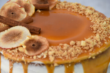 Elegant Caramel Fig Drip Cake featuring layers of moist cake drizzled with rich caramel, topped with dried fig slices, and chopped nuts isolated on grey background closeup side view of baked dessert