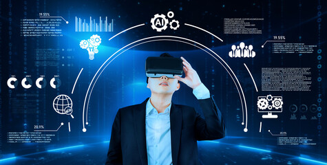 Smart businessman wearing suit and VR goggle while using AI assistance planning plan. Project...