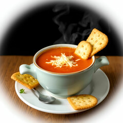 Steaming Tomato Soup Topped With Grated Cheese and Crisp Crackers