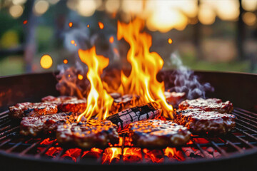 A close-up shot captures sizzling burgers cooking over glowing charcoal embers in a metal grill, bathed in warm sunset light.