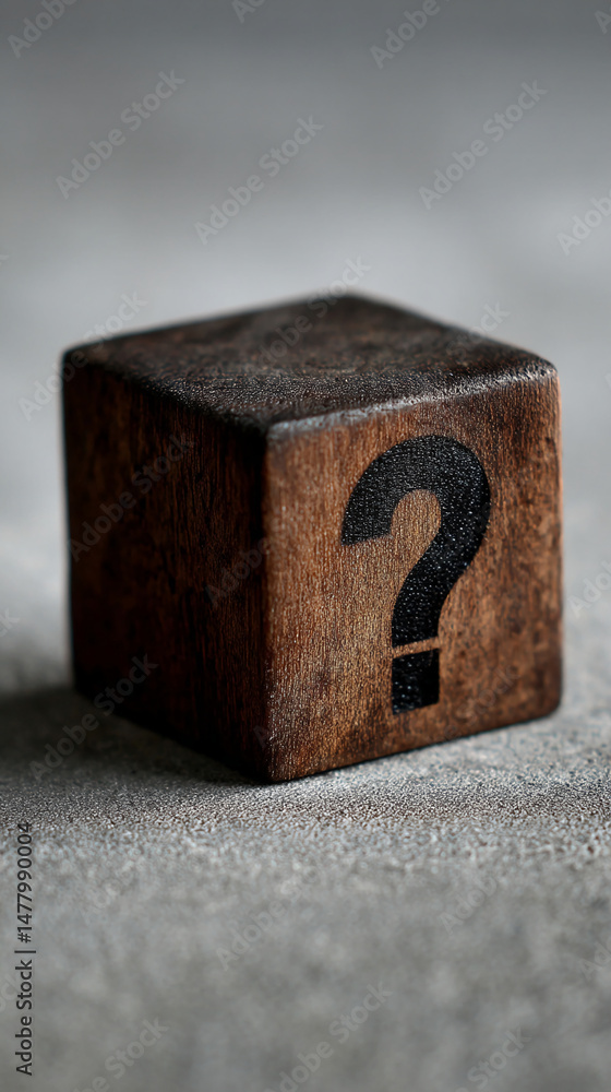 Poster dark brown wooden cube with a black question mark, sitting on a gray surface, symbolizing inquiry, u