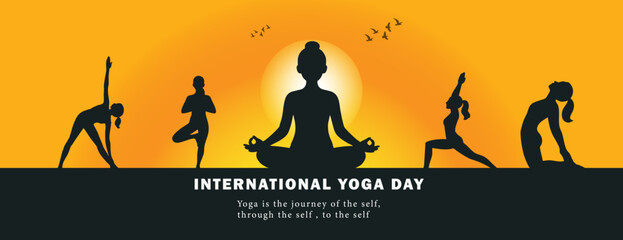 International Yoga Day Banner with Silhouettes Practicing Yoga at Sunrise