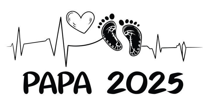 Announcement of papa 2025 with heartbeat, footprints, and typography for fathers day