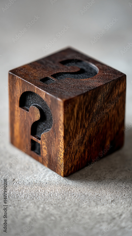 Poster dark brown wooden cube with question mark carved in, sitting on grey surface, representing uncertain