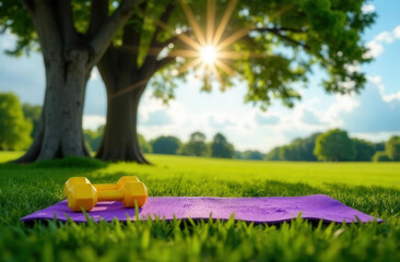 Purple yoga mat and yellow dumbbells lying on green grass in park