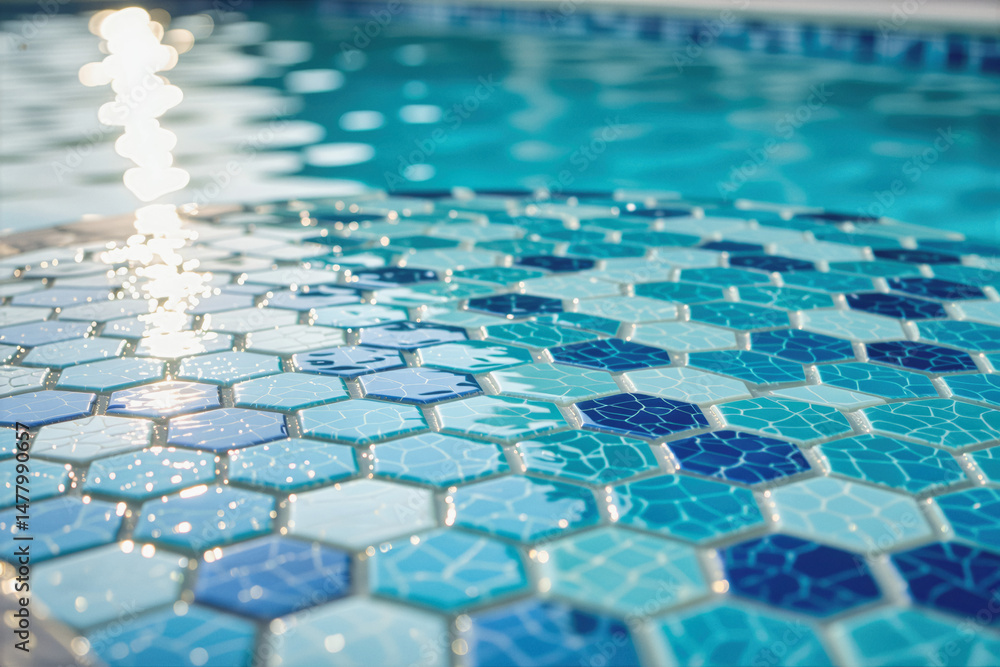 Poster close-up photography showcases a shimmering pools edge, adorned with intricate blue and white hexago