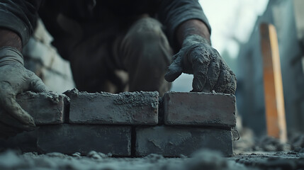 Construction Worker Laying Bricks
