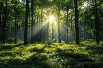 Obraz premium Bright sunlight streaming through the canopy of a dense forest