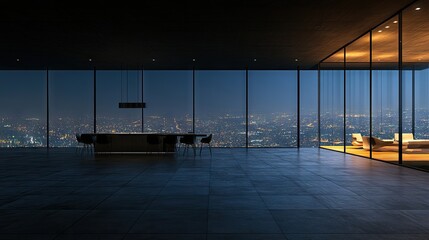 Obraz premium Modern, empty room with city view at night.