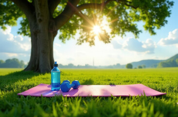 Bottle of water and dumbbells on pink yoga mat lying on grass under tree