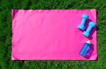 Two blue dumbbells and a water bottle lying on a pink yoga mat on the grass, top view, space for text