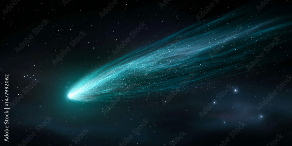 Poster teal comet streaks across dark space, glowing particles trail behind, creating a dynamic celestial s