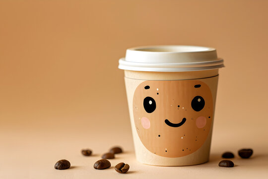 Close-up of a kawaii style paper coffee cup on a light coffee background