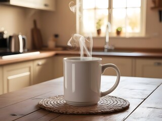 Warm Coffee Mug with Steam on Wooden Table in Cozy Kitchen Setting