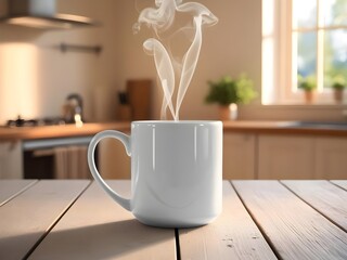 White Coffee Mug with Steam on Wooden Table in Bright Kitchen