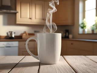 Steam Rising from a White Mug in a Cozy Kitchen Setting