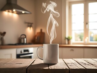 Stylish White Mug with Steam in Cozy Kitchen Environment