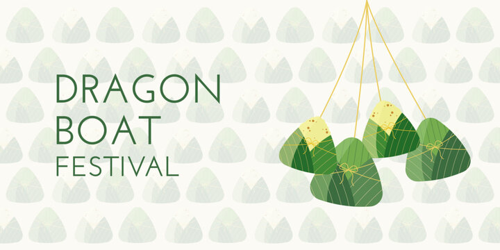 Dragon Boat Festival background with zongzi, rice and pattern light green color. Vector illustration for Duanwu Festival