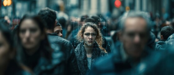 Obraz premium Facial recognition in a busy city street