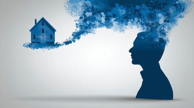 Thoughts of Home A Silhouette with a House Emerging from the Mind Symbolizing Dreams and Memo