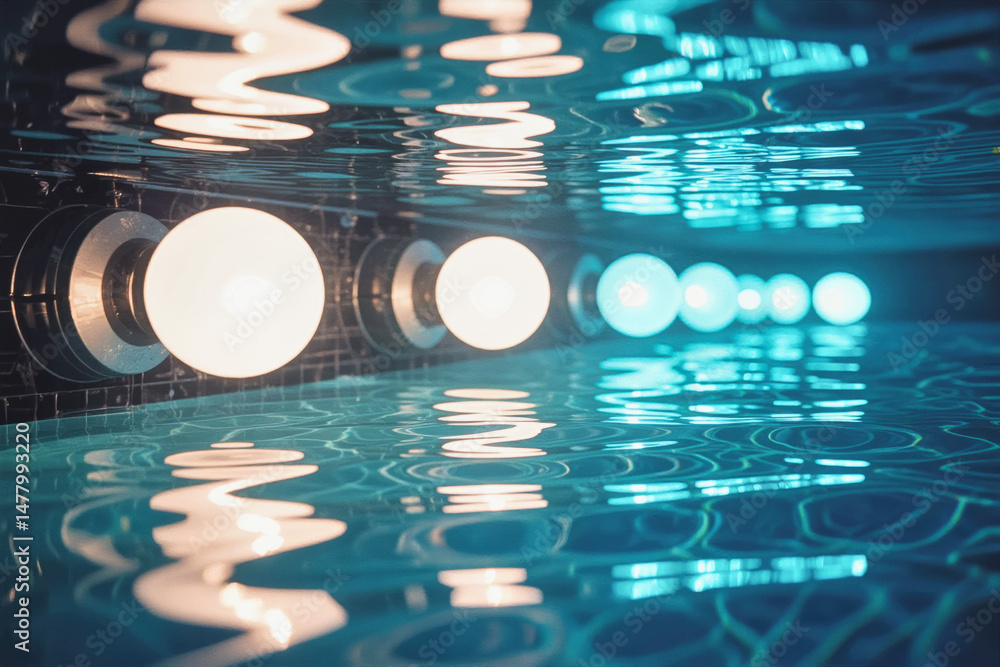 Poster submerged underwater lights illuminate a tranquil swimming pool, creating a mesmerizing reflection o