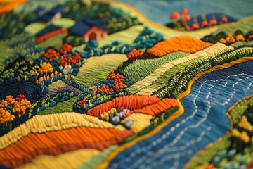 Vietnamese silk embroidery scenery scene on traditional fabric