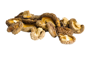 A refined view of dried shiitake mushrooms on white, with rich textures and subtle, earthy tones.
