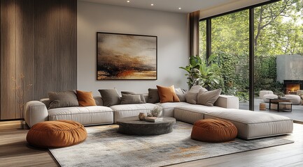 Modern living room interior design, featuring comfortable seating and natural light.