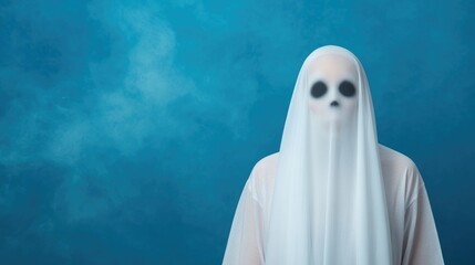Playful ghost figure in white sheet on blue textured background halloween theme