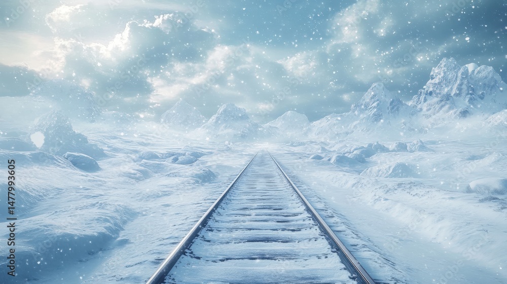 Poster snowy winter landscape with train tracks extending into distance.