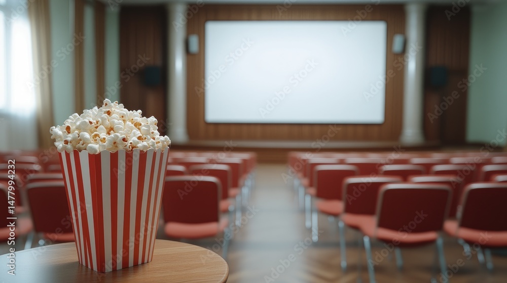 Aufkleber popcorn bucket in an empty theater with rows of red seats and a big screen