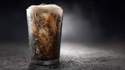 Chilled beverage served in a frosty glass, dark carbonated drink with frothy top, highlighting refreshment and enjoyment.