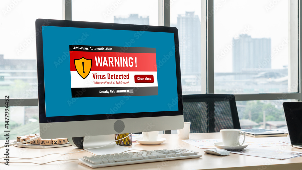 Poster virus warning alert on computer screen detected modish cyber threat , hacker, computer virus and mal