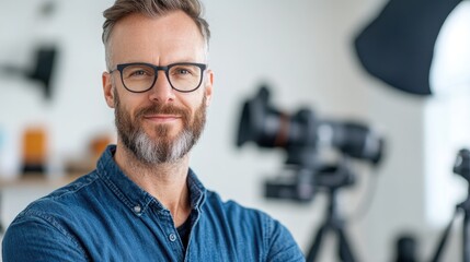 Portrait of a smiling man with photography equipment in studio setting
