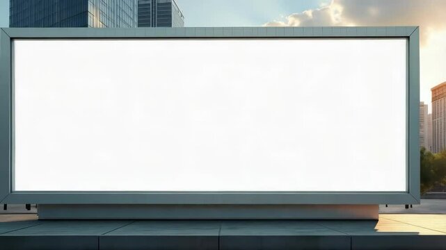 Large empty billboard in an urban environment with modern buildings and a blue sky