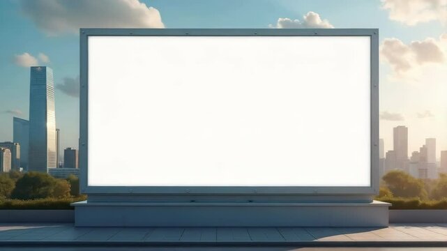 Large empty billboard in an urban environment with modern buildings and a blue sky