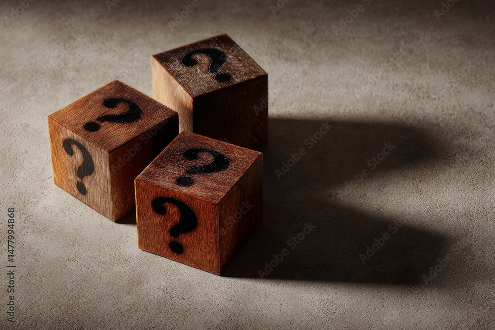 Poster three brown wooden cubes with black question marks, arranged on a neutral surface, represent uncerta