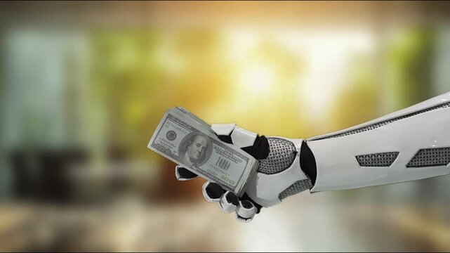 A robotic hand firmly holds a dollar bill, emphasizing the intersection of technology and finance in a modern business environment. Ideal for various marketing uses. MZL