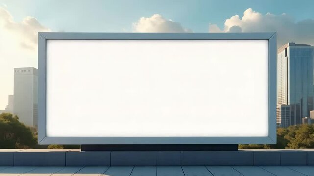 Large empty billboard in an urban environment with modern buildings and a blue sky