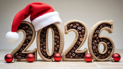 Naklejka premium Festive 2026 Coffee Bean Burlap Numbers with Christmas Decor