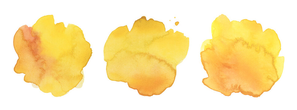 Yellow, orange Ink watercolor hand drawn painting drop blot. Wet texture stain isolated on white background. Set.
