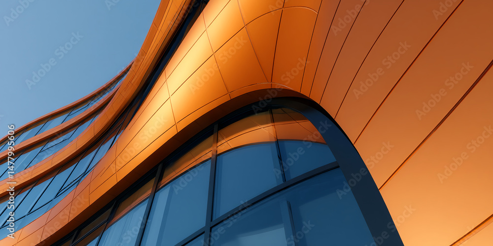 Poster orange building facade with curved lines and large windows, showcasing modern architecture design, s