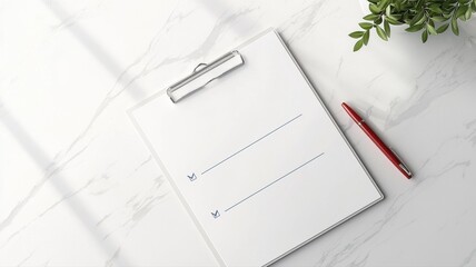 Blank Clipboard Paper for To Do List or Planning on White Marble Desk with Red Pen and Plant paper