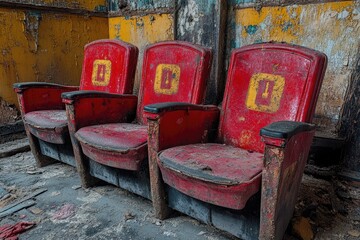 Decaying abandoned red theater seats with peeling yellow walls indoors