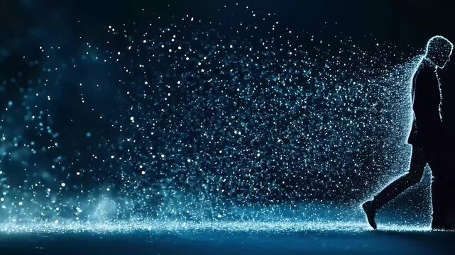 Silhouette of man walking as glowing particles disperse. Slow motion, camera slowly pulls back. 4K.
