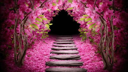 Obraz premium Vibrant floral pathway leading to dark entrance, colorful pink flowers and lush greenery create a mystical atmosphere.
