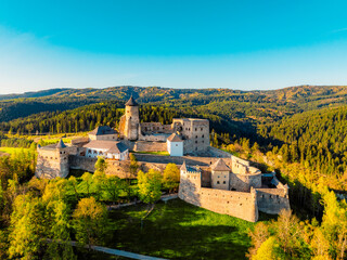 Fototapeta premium Slovakia landscape and panoramic sunny day view of Tatras mountain and Stara Lubovna castle