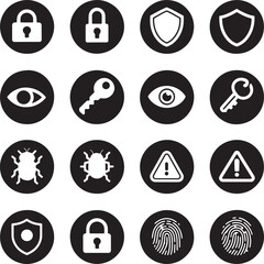 A vector silhouette icon set of  round web buttons themed around cybersecurity.